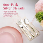 Prestee 600 Plastic Silverware Set, Silver Plastic Utensils, Disposable Flatware Set with Forks 200, Spoons, Knives, Heavy-Duty Bulk Silverwares for Christmas Parties and Events