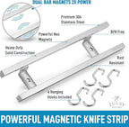 Zulay (12 Inch) Stainless Steel Magnetic Knife Holder For Wall - Powerful Knife Magnetic Strip With Extra Hanging Hooks - Wall Mount Magnetic Knife Strip & Organizer For Kitchen & Tools (Silver)