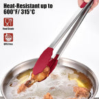 Doosu Kitchen Tongs for Cooking - 600°F Heat Resistant Food Tong with Non-Scratch Silicone Tips, Heavy Duty Stainless Steel Locking Tong for BBQ, Grilling Steak, Serving Salad, Pasta (16in, Red)