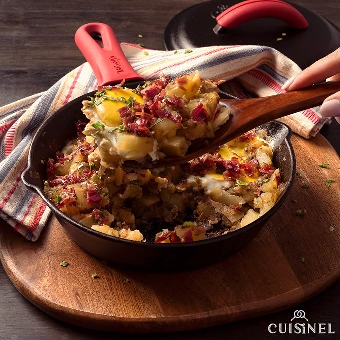 Cuisinel Cast Iron Skillets Set with Lids - 8"+10"+12"-inch Pre-Seasoned Covered Frying Pan Set + Silicone Handle and Lid Holders + Scraper/Cleaner - Use Cookware Indoor/Outdoor, Oven, Stovetop, Fire