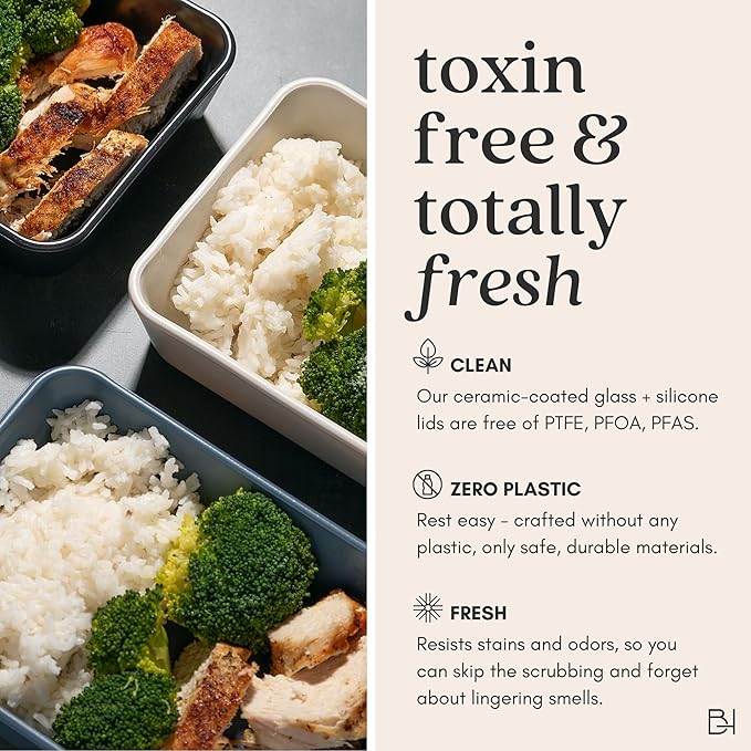 Ceramic Coated Glass Food Storage Container | No PTFE, PFOA, PFAS, and BPA | Reusable Non Toxic Meal Prep Container with Glass Lid | Easy To Store | 5 Cup Square [Willow]