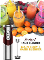 MegaWise Pro Titanium Reinforced 5-in-1 Immersion Hand Blender, Powerful Motor with 80% Sharper Blades, 12-Speed Corded Blender, Including 500ml Chopper, 600ml Beaker, Whisk and Milk Frother (Red)