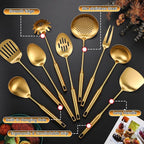 9 Pcs 304 Stainless Steel Utensils Set with Wood Handle Metal Cooking Tool Spatula, Solid Spoon, Slotted Spoon, Fork, Ladle, Skimmer, Slotted Spatula Spaghetti(Gold,Stainless Steel)