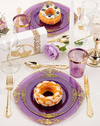 Nervure 350PCS Purple Plastic Plates - Purple Plastic Dinnerware Sets for 50 Guests - 100 Disposable Plates, 150 Gold Silverware, 50 Cups, 50 Napkins for Wedding & Party