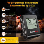 ThermoPro TP16 Large LCD Digital Meat Thermometer for Cooking, Smoking, Grilling, BBQ Food Temperature Indicator with Clock Timer and Stainless Steel Probe, Black