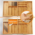 BAMEOS Expandable Silverware Drawer Organizer with Removable Knife Blocks, Bamboo Kitchen Utensil Holder from 21" to 36", Large Cutlery Tray with Divider for Forks, Spoons, Knives