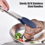 Doosu Kitchen Tongs for Cooking - 600°F Heat Resistant Food Tong Set with Non-Scratch Silicone Tips, Heavy Duty Stainless Steel Locking Tong for BBQ, Grilling Steak, Serving Salad (9+12in, Navy Blue)