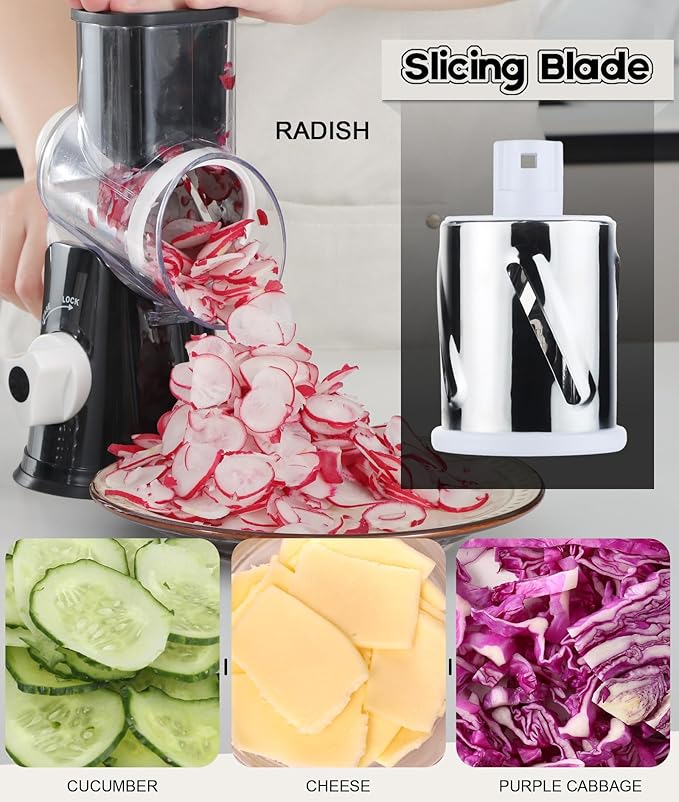 Ourokhome Rotary Cheese Grater Hand Crank, Kitchen Shredder Speed Mandolin Slicer Nuts Grinder with Handle and Drum Blades for Cheese, Vegetable, Walnut, Chocolate, Potato, Carrot, 3 Blades, Black