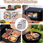 FORBFAN 150 Pcs Mini Square Baking Cups with Lids, 10 oz Mini Aluminum Cake Pans with Spoons, Small Baking Tins Cow Print