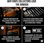 Premium Pocket Knife Display Case for 50 Knives - Extra Large Wooden Knife Organizer, Storage & Holder with Unique Pillars, 2 Drawers - Knife Collection Box - Handcrafted for Men