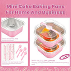 50 Pcs Mini Square Baking Cups with Lids and Spoons Aluminum Foil Mini Cake Pans with Lids Disposable Ramekins Cake Pans Dessert Cups for Wedding Birthday Party(Pink,10oz)