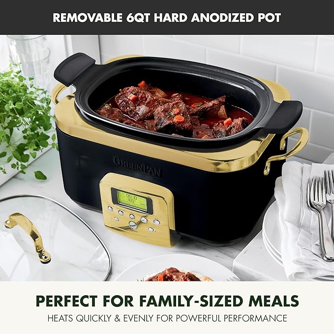 GreenPan Elite 8-in-1 Programmable 6QT Electric Slow Cooker, Dishwasher Safe Lid & Removable Crock, PFAS-Free Healthy Ceramic Nonstick Multi-Cooker, Sear, Sauté, Brown, Steam Basket, Roast, Gold