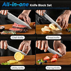 Sunnecko Knife Set with Block and Sharpener, 15 PCS Kitchen Knife Block Set Sharp Kitchen Knives High Carbon Stainless Steel with Pakkawood Handles