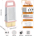 Urbanstrive Cheese Grater With Container, Professional Cheese Grater with Handle, Stainless Steel Graters for Kitchen Handheld, Box Grater with 4 Sides for Vegetables, Ginger, Potatoes (Pink)