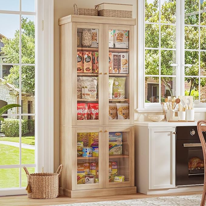 70.8" Bookshelf with Glass Doors, Farmhouse Modular Bookcase with 6-Tier Adjustable Shelves, Large Storage Cabinet for Living Room & Home Office, Brown