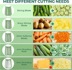 SUSTEAS Rotary Cheese Grater with Handle,Vegetable Slicer with 6 Interchangeable Blades, Reinforced Suction,Easy to Clean,Kitchen Chopper for Crushed Ice,Fruits and Nuts with Blade Storage Case,Green
