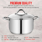 Stainless Steel Stockpot with Tempered Glass Lid 5 Quart, Durable 18/0 Stainless Steel, Impact-Bonded Base for Even Heating, Riveted Handles, Oven & All Stove Compatible, Safe Up To 500°F (260°C)