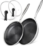 MICHELANGELO Stainless Steel Frying Pan Set with Lids, 8 & 10 Inch Frying Pans Nonstick, Stainless Steel Fry Pan Set, Honeycomb Pans for Cooking, Skillet with Lid - Induction Compatible