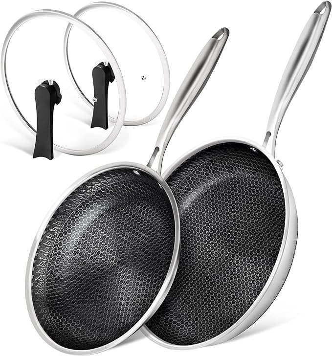 MICHELANGELO Stainless Steel Frying Pan Set with Lids, 8 & 10 Inch Frying Pans Nonstick, Stainless Steel Fry Pan Set, Honeycomb Pans for Cooking, Skillet with Lid - Induction Compatible