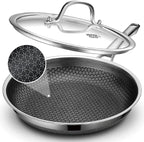 Frying Pan with Lid, 10 Inch Hybrid Non Stick Stainless Steel Skillets, Dishwasher Induction Oven Broiler Safe, Non Toxic Chef's Pan, PFOA Free Cookware