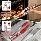 TeamFar Kitchen Tongs, 9" and 12" Stainless Steel Cooking Tongs with Silicone Tips for Cooking Grilling Serving & BBQ, Heat Resistant Silicone Tongs, Locking Design & Dishwasher Safe, Set of 2 & Red