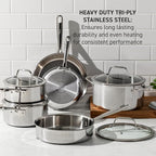 T-Fal Pro Tri-Ply Stainless Steel Cookware Set, 3-Piece Induction Cookware, Oven Safe 500F, Fast & Even Heat, Professional Quality, Durable Pots and Pans Set, Fry Pan, Silver