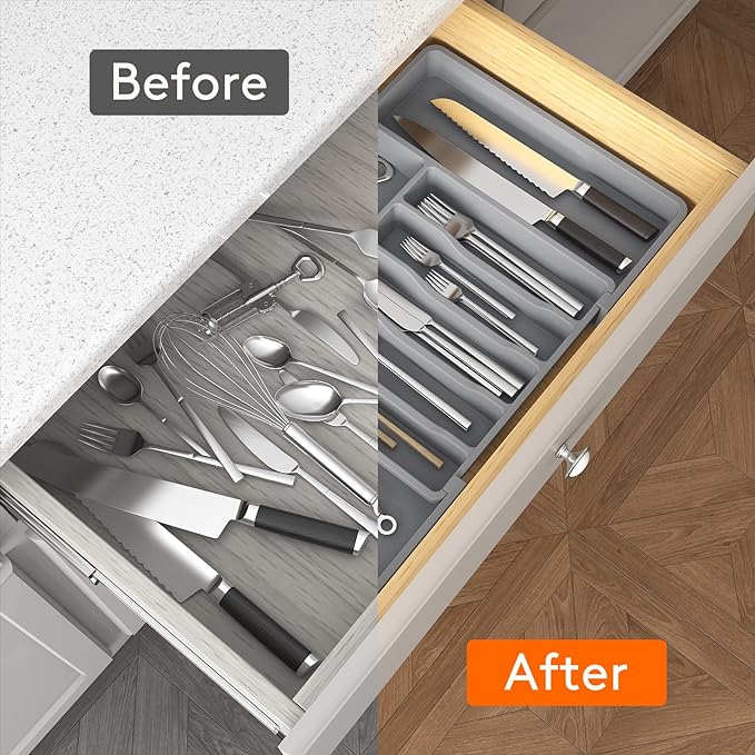 Lifewit Silverware Drawer Organizer, Expandable Utensil Tray for Kitchen, BPA Free Flatware and Cutlery Holder, Adjustable Plastic Storage for Spoons Forks Knives, Large, Grey