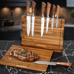 2 - in - 1 Magnetic Knife Block Holder with 16"x11" Cutting Board, Crafted from Premium Natural Teak Wood, Exquisitely Made with Elegant Design, Ideal for Efficient Kitchen Knife Storage