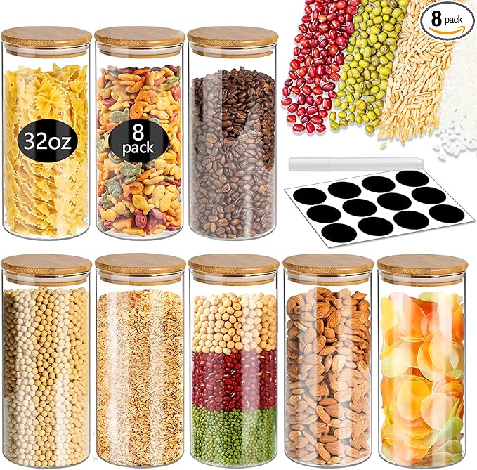 SLifeJars-32 oz Glass Jars with Bamboo Lids 8 pcs Glass Food Storage Containers with Airtight Bamboo Lids, Glass Canisters Stackable Kitchen Pantry bamboo lid for Coffee Beans, Rice, Sugar and More