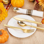 WELLIFE 50 Pack Gold Plastic Silverware with Pre Rolled Napkins,Gold Disposable Utensils, Includes: 50 Forks,50 Knives,50 Spoons,50 Napkins,gold Silverware Disposable for Thanksgiving