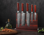Wakoli Red Knife Block Set – 5-Piece Professional Damascus Kitchen Knife Set with Magnetic Block | 67-Layer Damascus Steel with VG10 Core | Ergonomic Rosewood Handles | Gift Box (Rose Elegance)