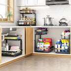 PXRACK Large Under Sink Organizer, Adjustable Height, 2-Tier Slide Out,Thickened Metal Shelf Under Sink Storage for Kitchen, Bathroom, Cabinet,Pantry,Black,1 PACK,Small Space-saving