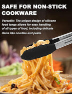 Anaeat Non-Stick Silicone Locking Tong - Stainless Steel 12" Kitchen Food Tongs with Non-Slip Silicone Tips and Grip for Cooking, Baking and BBQ - Heat Resistant up to 480°F (Black)
