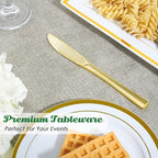 FOCUSLINE 300 Pack Disposable Gold Plastic Knives, Solid and Durable Plastic Cutlery Knives, Heavy Duty Disposable Utensil Silverware for Catering, Parties, Dinners, Weddings