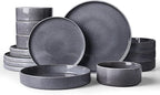 Famiware Annecy Plates and Bowls Sets, Service for 4 (16 Pieces), Dinnerware Sets with Pasta Bowls, Microwave and Dishwasher Safe Dishes Set, Chip and Scratch Resistant, Misty-Blue