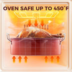 HONGBAKE 18 Inch Turkey Roasting Pan with Rack and Lid – Large Red Carbon Steel Roaster Pan for 20 lb Turkey, Oven Safe Baking Pan for Holiday Meals & Thanksgiving