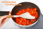 Silicone Cooking Spoon and Pasta Fork Set, 2 Pack Large Spatula Spoons Set with Wooden Handle, Heat Resistant Multifunction Spoon for Cooking, Serving and Mixing Spaghetti (White)