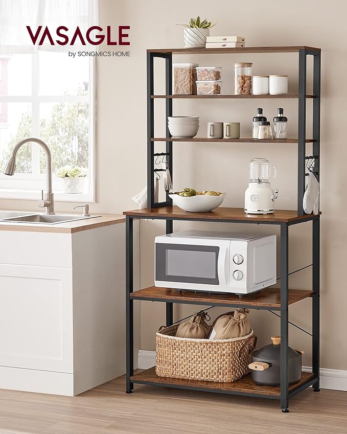 VASAGLE Coffee Bar, 31.5 Inches Baker's Rack for Kitchen with Storage, 6-Tier Kitchen Shelves with 6 Hooks, Microwave Stand, Industrial, Rustic Brown and Black UKKS019B01