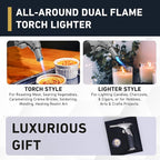 Dual Flame Butane Torch Gun - Refillable Luxury Hand Held Mini Blow Torch for Cooking, Creme Brulee, Soldering, Welding, & Resin Art - Adjustable Flame with Ignition Lock - Steel Black by inZaynity