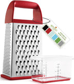 Spring Chef Professional Red 10" Parmesan Cheese Grater With Container, Stainless Steel & Soft Grip Handle, 4 Sided Kitchen Carrot Shredder, Handheld Box Grater for Potato, Veggie, Ginger, Hashbrown