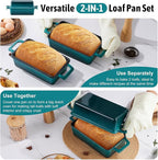 P&P CHEF 2 In 1 Enameled Cast Iron Loaf Pan with Lid, 9 x 5 Inch Bread Loaf Pans for Baking Homemade Sourdough Bread, Meatloaf, Toast, Cake, Nonstick & Healthy & Sturdy, 2 Piece Set - Dark Green
