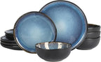 Gibson Elite Nardini 12 Piece (Service for 4) Plates and Bowls Reactive Glaze Dishes Stoneware Ceramic Dinnerware Set - Black and Blue