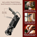 Bartender's All-in-One Bar Tool Set: Corkscrew, Zester, Citrus Knife and Bottle Opener Kit with Magnet for Picnics, Tailgating, BBQs, Camping, Travel, Beach Parties and Bartending, Black