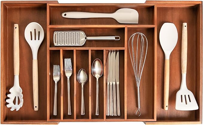 KitchenEdge Premium Silverware, Flatware and Utensil Organizer for Kitchen Drawers, Food-Safe Contract Grade, Expandable from 16 to 28 In, Natural Acacia