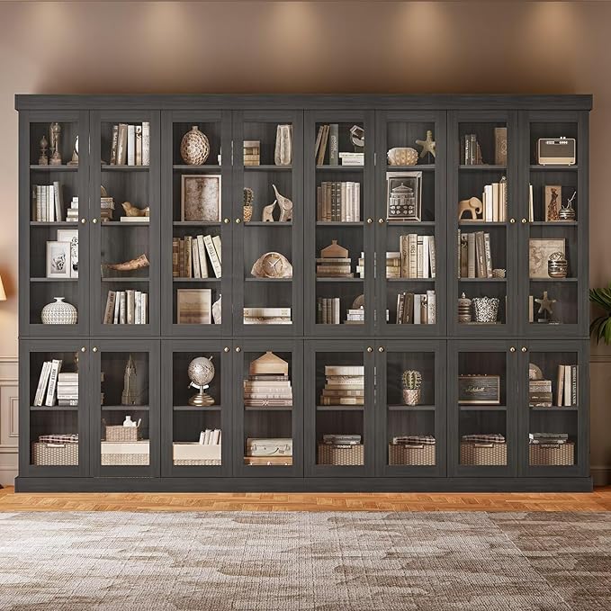 70.8" Bookshelf with Glass Doors, Farmhouse Modular Bookcase with 6-Tier Adjustable Shelves, Large Storage Cabinet for Living Room & Home Office, Black