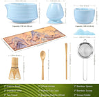 HELPLX Matcha Whisk Set 10-Piece Japanese Matcha Kit with BowlWhisk & Holder2 Tea CupsBamboo ScoopSpoonSifterScoop Rest & Tea Towel – Blue Matcha Tea Set for Ceremony or Daily Use