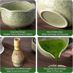 ALBISS Matcha Whisk Set - 7 Pcs Ceramic Matcha Kit with 18oz Spout Bowl & Cherry Blossom Design, Bamboo Whisk & Holder, Scoop, Rest, Sifter, Towel, Elegant Japanese Tea Gift Set for Macha Lover, Green