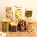 5 Set Glass Jars with Bamboo Lids, Square Food Storage Containers, Glass Pantry Storage Containers with Lids for Pasta, Cereal, Flour, Sugar