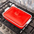 Stoneware Casserole Dish Bakeware Set with Lid, Covered Rectangular Dinnerware, Extra Large 4.23 Quart, 13 by 9 Inch, Rosso [Red]