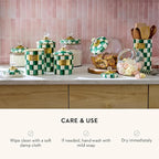 MACKENZIE-CHILDS Medium Kitchen Canister, Decorative Glass Storage Jar with Lid, Green-and-White Emerald Check